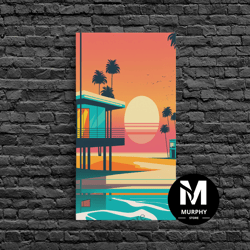 decorative wall art, art deco sunset beach canvas print, minimalist retro palmtree vibe, vaporwave art, 80s retro vibes,