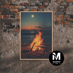 decorative wall art, beach campfire under a full moon, photography print, framed canvas print, beach house decor, coasta