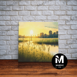 Decorative Wall Art, Boho Style Primitive Art, Framed Canvas Print, Sunset Over The Marsh In Florida, Watercolor Wall De
