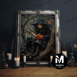 Decorative Wall Art, Cute Witch Reading Spells To Her Black Cat Familiar, Vintage Halloween Art, Framed Canvas Print, Ha