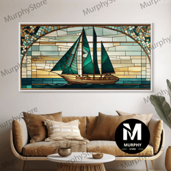 Decorative Wall Art, Emerald Green And Gold Art Deco Sail Boat, Framed Canvas Print, Retro Mcm Style Wall Art, Midcentur