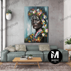 African Woman Wall Art, Flower Crown Canvas Art, Ethnic Wall Decor, Roll Up Canvas, Stretched Canvas Art, Framed Wall Ar
