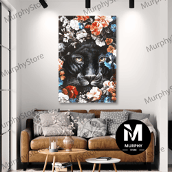 Black Tiger Wall Art, Colorful Flowers Canvas Art, Modern Wall Decor, Roll Up Canvas, Stretched Canvas Art, Framed Wall