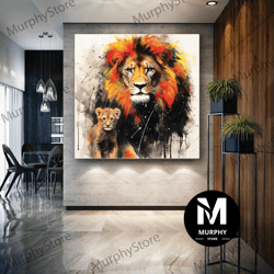 Charismatic Lion And Cute Tiger Paint Splashes Roll Up Canvas, Stretched Canvas Art, Framed Wall Art Painting-1