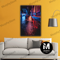 City Street Reflected Lights Night Roll Up Canvas, Stretched Canvas Art, Framed Wall Art Painting