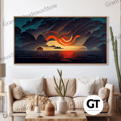 Abstract Art Deco Sunset Decorative Wall Art, Sunset Over The Vast Ocean, Living Room Art