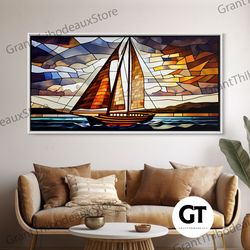 art deco stained glass sail boat wall art framed decorative wall art nautical art seascape art beach house decor-2