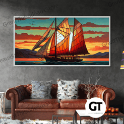 art deco stained glass sail boat wall art framed decorative wall art nautical art seascape art beach house decor-1