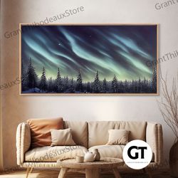 Aurora Borealis Over A Snowy Northern Forest, Decorative Wall Art, Scenic Winter Landscape Art, Northern Lights