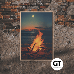 beach campfire under a full moon, photography print, framed decorative wall art, beach house decor, coastal decor, beach