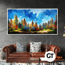 Beautiful Forest Sunset Oil Painting Decorative Wall Art, Blue Skies And Fall Trees, Autumn, Ready To Hang Gallery Wrapp