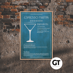 espresso martini recipe bar cart art - bar decor - framed decorative wall art - blueprint art - patent art - home bar de