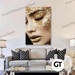 Gold Makeup Wall Art, Woman Wall Art, Luxury Wall Art Decor, Roll Up Canvas, Stretched Canvas Art, Framed Wall Art Paint