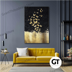 Golden Flying Butterflies Wall Art, Abstract Canvas Art, Modern Wall Decor, Roll Up Canvas, Stretched Canvas Art, Framed