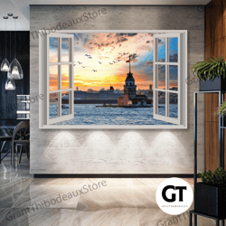Istanbul Maiden's Tower Galata View From Open Window Inside The Room Roll Up Canvas, Stretched Canvas Art, Framed Wall A
