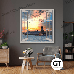 Istanbul Maiden's Tower Galata View From Window Open Window Inside The Room Roll Up Canvas, Stretched Canvas Art, Framed