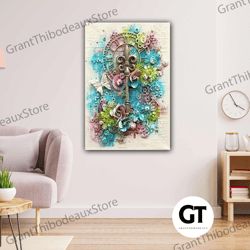 Key Flower Butterfly Color Marble Relief With 3d Effect Roll Up Canvas, Stretched Canvas Art, Framed Wall Art Painting