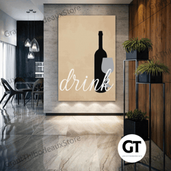kitchen wall art, drink, bottle, goblet, cafe, restaurant wall decor, roll up canvas, stretched canvas art, framed wall