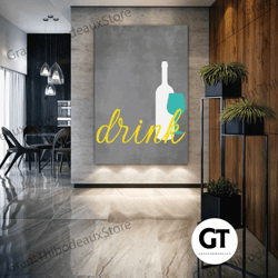 kitchen wall art, drink, bottle, goblet, restaurant, cafe wall decor, roll up canvas, stretched canvas art, framed wall