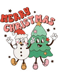 Cute Merry Christmas Retro Xmas Tree and Snowman PNG T-Shirt