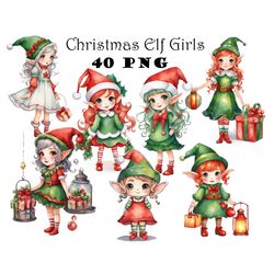 40 Christmas Elf Girls Clipart Bundle Christmas Elves PNG Cute Watercolor Elves Girls Clipart Digital Download Bundle