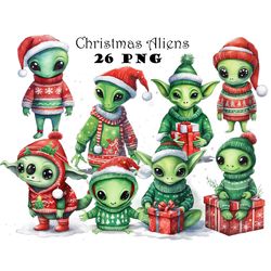 Christmas Aliens Watercolor Clipart PNG Festive Aliens Graphics Holiday Aliens Watercolor Clipart Christmas UFO Clipart