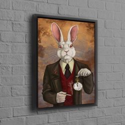 Mr Rabbit, Alice in Wonderland Art Canvas, Abstract Art, White Rabbit Wall Art, Cartoon Rabbit Art, Modern Poster, Luxur