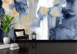 3d wall mural, removable wallpaper, wallpaper by the yard, housewarming gift, blue and gold painting wall mural, navy bl