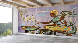 Abstract Wall Painting, 3D Papercraft, African Woman Cooking Wall Paper, Layered Paper Art, Wall Covering, African Mothe