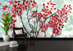 accent wall, farmhouse wallpaper, red leaves painting wallpaper, landscape wallpaper, floral wallpaper, vinyl wallpaper,
