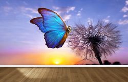 3D Wall Decor, Sunset Mural, Animal Wall Poster, Wall Deco, Paper Crafts, Morpho Butterfly and Dandelion Wall Mural, Liv