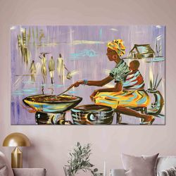 african glass print, african mother cooking glass art wall decor, authentic nigerian canvas gift, african canvas gift, l