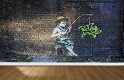 banksy fishing boy paper art, banksy boy wall mural, 3d wall decor, banksy wall paper, fishing banksy wall paper, gift f