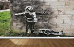 bansky boy wall art, accent wall, graffiti wall mural, patterns and how to, 3d paper wall art, banksy snowfall wall post