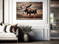 cabin wall art, moose painting on wood canvas print, rustic chic farmhouse wall decor, framed unframed ready to hang