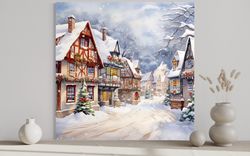 Christmas Eve Wall Art - Whimsical Decorated Village Watercolor Painting Canvas Print, Winter Wall Decor Ready To Hang