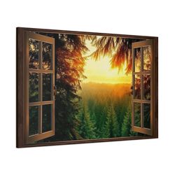 Cabin Wall Art - Faux Window Canvas View of Fir Forest Sunrise Through Wooden Window - Woodland Cabin Wall Decor Ready t