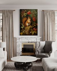 Cottagecore Wall Art - Squirrel In The Forest Moody Painting Canvas Print, Cabin, Cottage, Forestcore Wall Art Framed Re