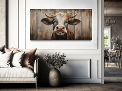 curious cow farmhouse wall art, farm cow painted on wood canvas print, farm animals rustic wall art framed, unframed, re