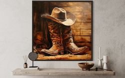 Cowboy Hat and Boots Painting Canvas Print, Cowboy Wild West Wall Art, Ranch Wall Decor, Man Cave Decor, Western Artwork