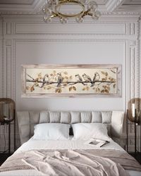 birds perched on branch painting on distressed wood canvas print farmhouse chic horizontal wall art over bed decor frame