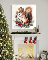 Christmas Eve Wall Art - Cute Squirrel With Wall Clock Countdown Painting Canvas Print,  Over Mantel Christmas Wall Deco