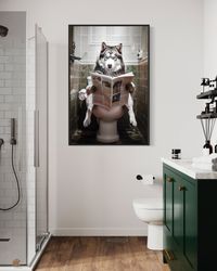 Alaskan Husky Dog On The Toilet Reading Newspaper, Funny Bathroom Art, Toilet Humor Animal Print or Canvas Framed Unfram