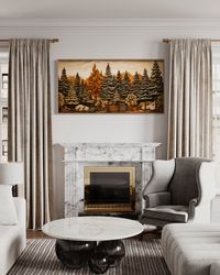 Cabin Wall Art - Layered Wood Panel Effect Fir Tree Forest Painting Printed on Canvas, Farmhouse Rustic Wall Decor, Fram