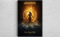 Aquarius Zodiac Sign Gift - Personalized Aquarius Celestial Wall Art, Custom Astrology Painting Print on Canvas, Poster,