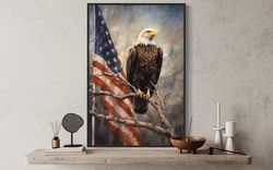 Bald Eagle With American Flag Wall Art - Patriotic Eagle Perched On Branch Rustic Painting Canvas Print - Framed Or Unfr
