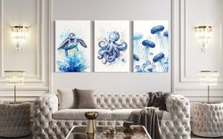 Beach House Wall Art Set of Three Marine Animals Prints, Octopus, Sea Turtle, Jellyfish Painting Canvas Print, Coastal D