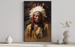 Indian Chief Colorful Painting Canvas Print, Native American Indigenous Chief Wall Art Framed Ready To Hang