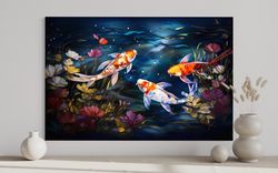 Koi Fish Wall Art Stained Glass Style Painting, Zen Japanese Painting Print on Canvas Koi Wall Decor, Ready To Hang