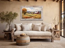 Farm Scene Painting With Red Barn in The Field, Farmhouse Wall Art, Vintage Rural Wall Art, Rustic Wall Decor Ready To H